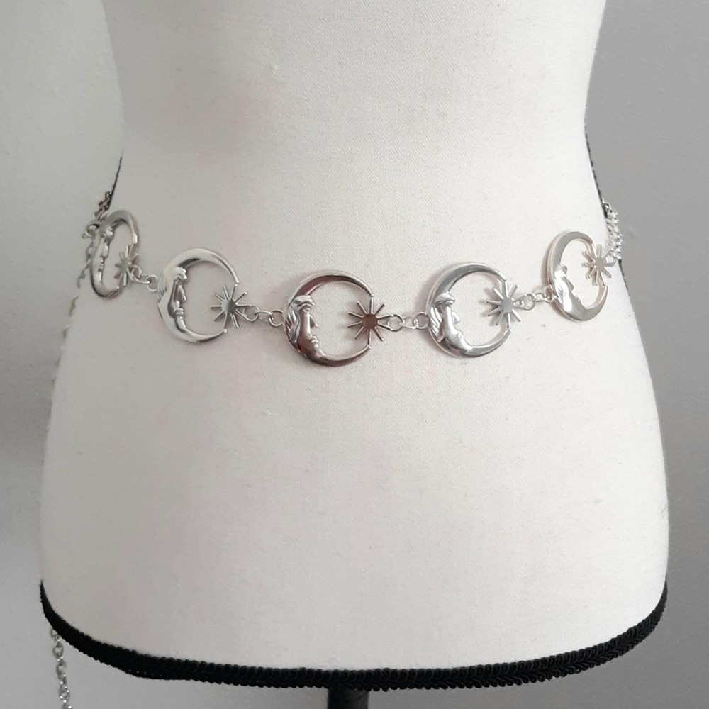 Celestial Moon & Sun Silver Tone Chain Belt - Picture 1 of 7